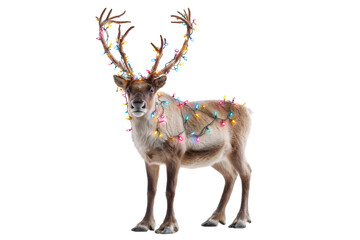 A Christmas reindeer with colorful lights around antlers, isolated on a transparent background.
