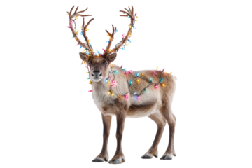 A Christmas reindeer with colorful lights around antlers, isolated on a transparent background.