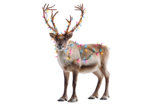 A Christmas reindeer with colorful lights around antlers, isolated on a transparent background.