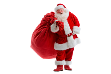 A Christmas Santa Claus with a big red sack of gifts, isolated on a transparent background.