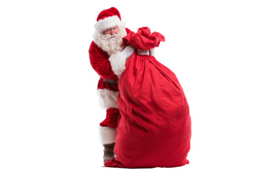 A Christmas Santa Claus with a big red sack of gifts, isolated on a transparent background.