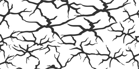 Seamless black vector silhouette pattern of a tree branch on a stone wall texture with a crack