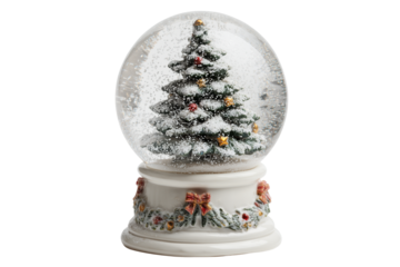 A Christmas snow globe with a decorated tree inside, isolated on a transparent background.