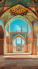 Obraz premium Ornate Mosque Archway View with Blue Tile, Intricate Design, and Sky Background