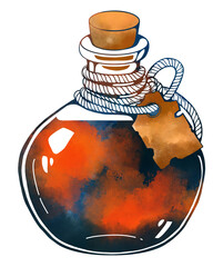 Hand drawn illustration of a glass potion bottle with cork and rope, mystical boho chic design in watercolor and ink mixed media, fantasy magic object for witchcraft, occult ritual, decor 