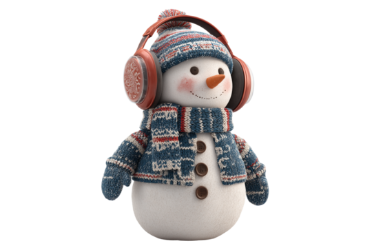 A Christmas snowman wearing earmuffs, isolated on a transparent background.