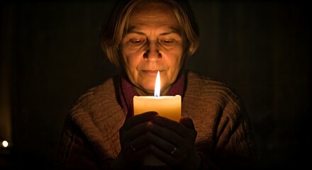 Close-up portrait of a middle-aged woman holding a lit candle in a dark room with warm lighting.