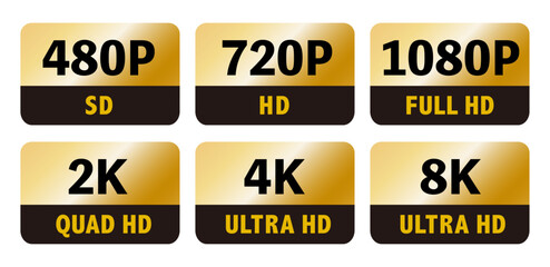 8K 4K 2K 1080P 720P 480P ロゴ　アイコン　ゴールド　背景透過