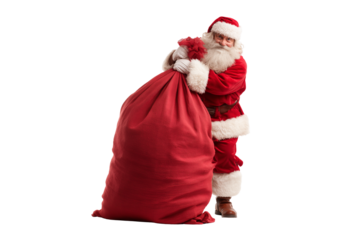 A Christmas Santa Claus with a big red sack of gifts, isolated on a transparent background.