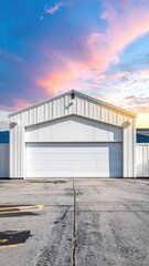 Obraz premium White hangar-style building at sunset