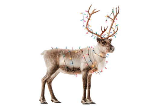 A Christmas reindeer with colorful lights around antlers, isolated on a transparent background.