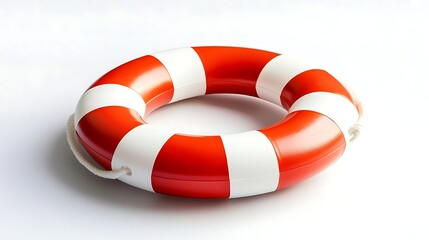 Naklejka premium Red and White Lifebuoy with Attached Rope on a Clean White Background Still Life