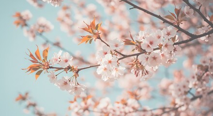 Cherry blossoms blooming, serene spring beauty against soft sky