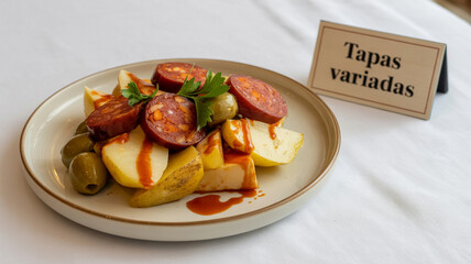 Spanish Tapas Platter with Patatas Bravas, Chorizo, and Olives