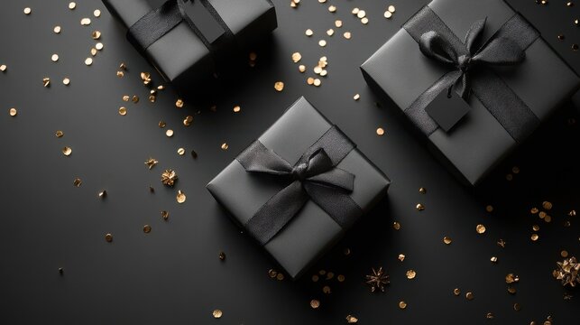 Elegant black gift boxes with gold confetti create a sophisticated celebration mood for luxury branding and holiday promotion campaigns - Powered by Adobe