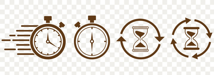 Timers and clock icon set. Time line symbol. Containing clock, stopwatch, hourglass and more Vector illustration. Timers icon set on transparent background. eps 10