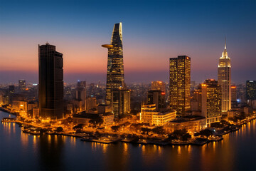 Obraz premium Vibrant city skyline illuminated at dusk reflecting on calm water under a colorful sky