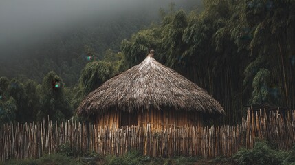 A thatched - roof hut enclosed by a bamboo fence, set amidst dense forests and mist - shrouded mountains, creating a serene rural scene.