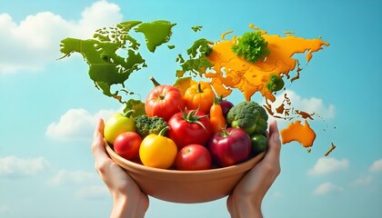 A bowl of fruits and vegetables held by hands, highlighting World Food Day with a cheerful background