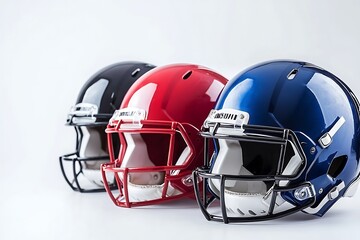 Fototapeta premium Row of Football Helmets Black, Red, and Blue Sports Equipment on White Background