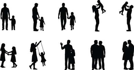 Silhouette family together, parents children playing, father mother child bonding, love relationship concept, parenting care, happiness lifestyle, people affection silhouette illustration