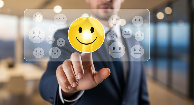Businessman selecting happy face on customer satisfaction survey, positive feedback concept