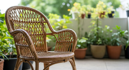 Obraz premium Wicker Armchair on Balcony with Plants in Background.