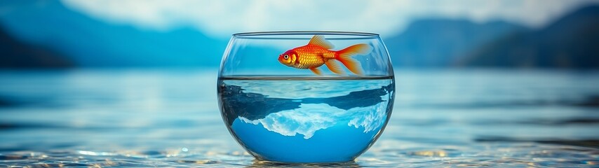 Goldfish jumping out bowl into ocean, blue sea sky background, splash water, motion blur, freedom adventure concept