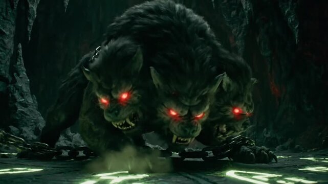 menacing three headed hellhound guardian underworld