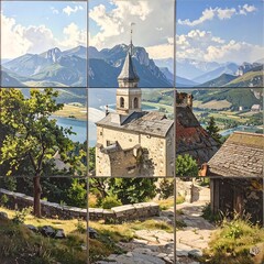 Fototapeta premium Panoramic jigsaw puzzle of a scenic mountain village with a church