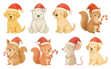 PNG Cute animals wearing Santa hats, element set on transparent background