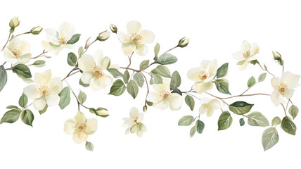 Obraz premium Watercolor floral border of elegant white blossoms and green leaves on a background.