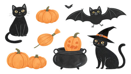 A halloween themed illustration featuring black cats pumpkins and a bat on a transparent background