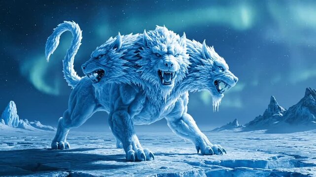 three-headed ice beast roaring arctic northern lights