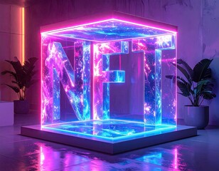 Futuristic Neon NFT Cube Exhibit