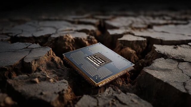 A computer chip is laying on the ground. The chip is black and gold. The ground is rocky and brown. Semiconductor chip breaking through cracked earth surface, shortage dramatic scarcity concept
