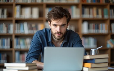 Concentrated Young Caucasian Male Student Working on His Laptop in a Modern Library. Man Engaged in Academic Research With Books Around, Focused on Screen. High quality
