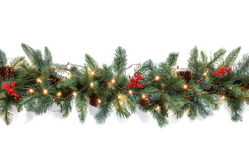 Decorative Christmas border of conifer branches and string lights, isolated on white background