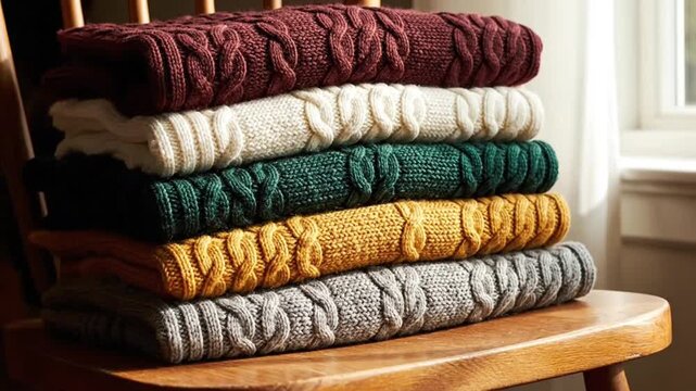 stack of colorful cable knit sweaters for autumn winter