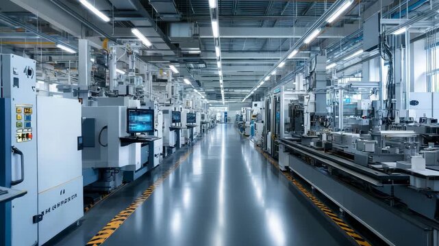 A large industrial building with many computer monitors on the same side. Realistic semiconductor factory production line machinery with no brand, shortage bright clean sci‑tech blue tone