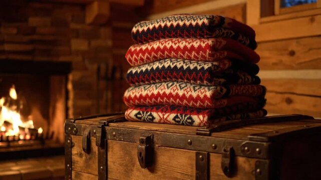 cozy patterned blankets stacked on rustic trunk by fireplace
