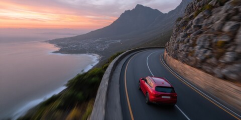 Scenic coastal road with red car driving along Chapman's Peak Drive at sunset near Cape Town, South Africa