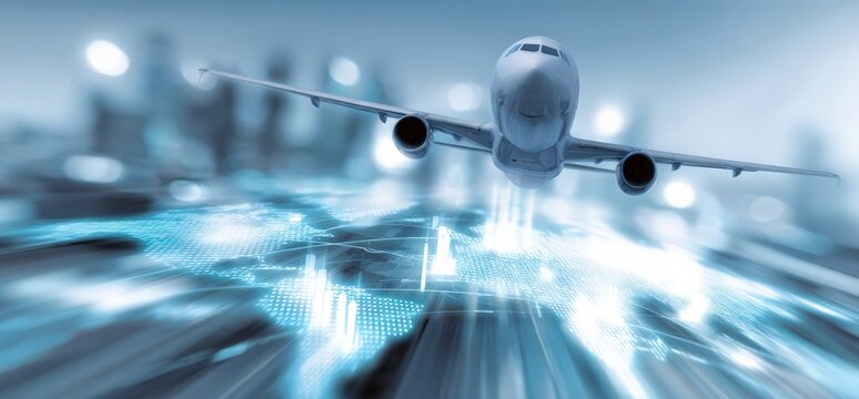 Airplane flying over glowing world map with graphs, representing global travel, tourism, international trade, logistics, and economic connections