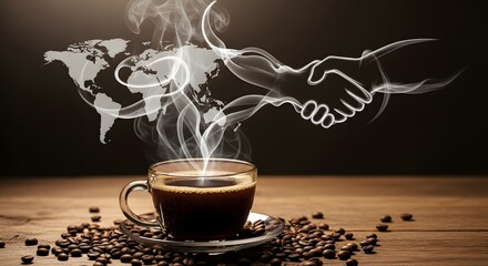 Global business deal symbolized by coffee steam forming handshake and world map