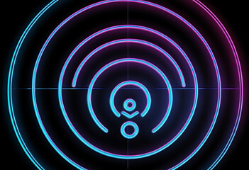 Obraz premium Neon wireless signal radar with concentric waves for 5G, WiFi 7, smart home IoT, and telecommunication infrastructure branding.