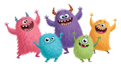 A group of five cartoon monsters in various colors with arms raised and happy expressions on their faces