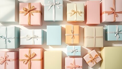 Geometrically arranged package boxes in soft pastel tones, representing organized shopping and delivery.