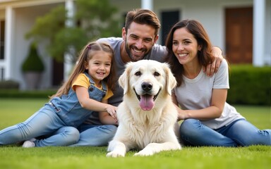 Portrait of a Happy Young Family Couple with a Son and Daughter, and a Noble White Golden Retriever Dog Sitting on a Grass in Their Front Yard at Home. Cheerful People Petting the Dog and Smiling.