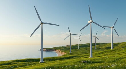 Fototapeta premium Coastal Wind Farm at Sunset: Green Energy Harmony