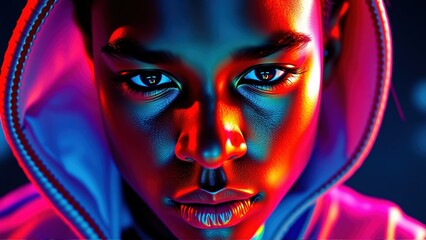 Eighties Neon Portrait, Futuristic Park Glow, Retro Face Fusion, AI Era Close-Up, Surreal Cycling